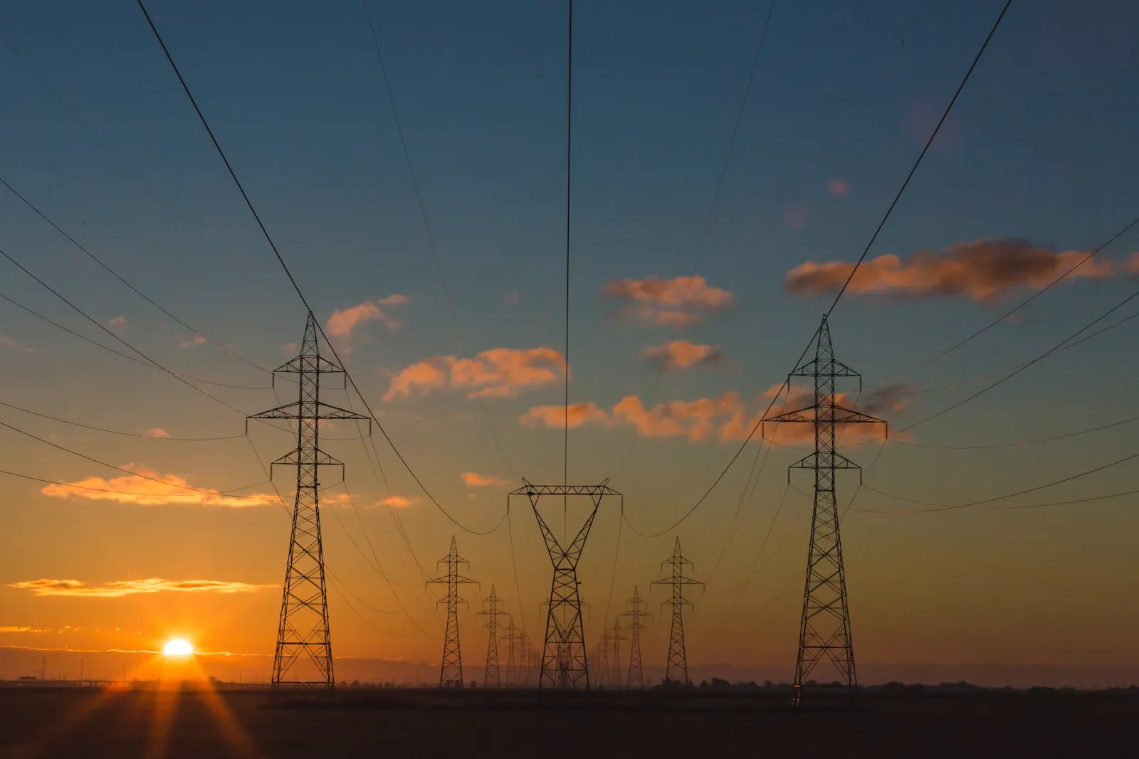 Power transmission lines at sunset